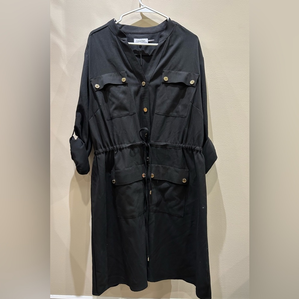Calvin Klein Size 20W Black Drop-Waist Shirt Dress Long Sleeve